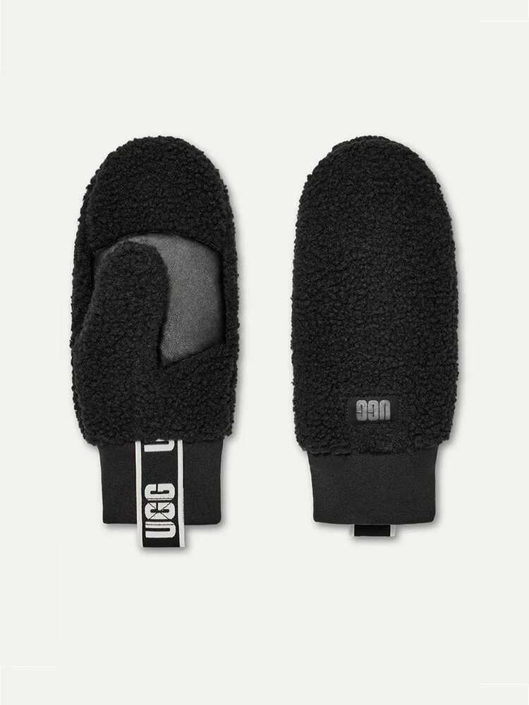 UGG - W UGGfluff Mitten With Logo - Svarta fluffiga tumvantar