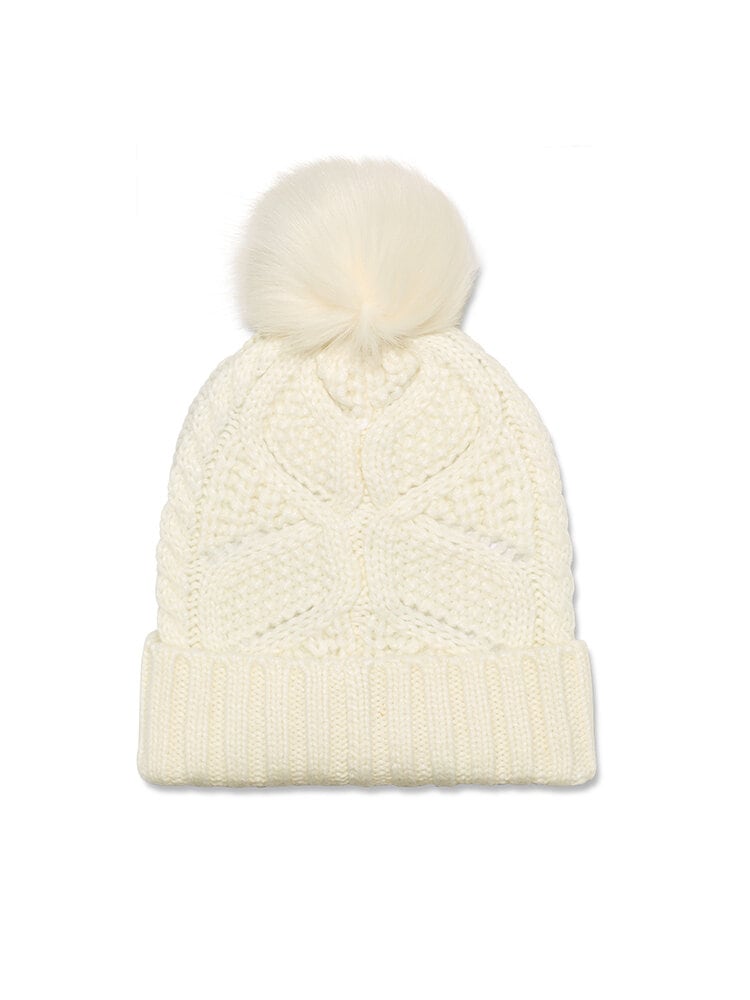 UGG - W Cable Beanie With Pom - Vit stickad mössa med tofs