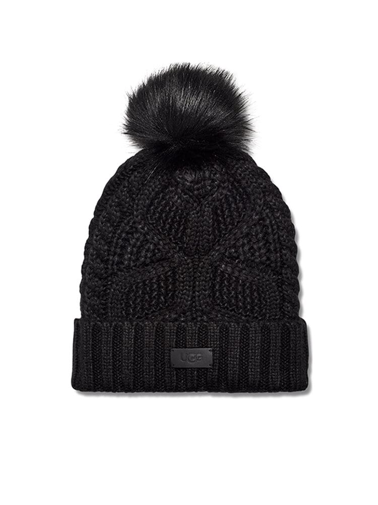 UGG - W Cable Beanie With Pom - Svart stickad mössa med tofs