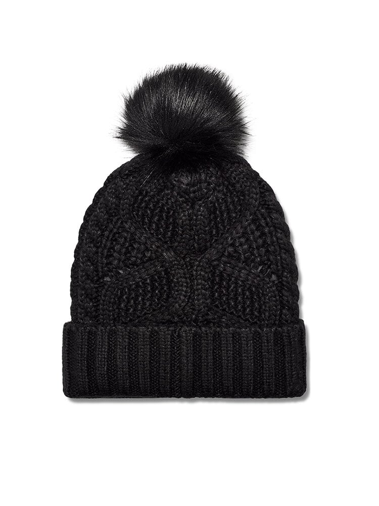 UGG - W Cable Beanie With Pom - Svart stickad mössa med tofs